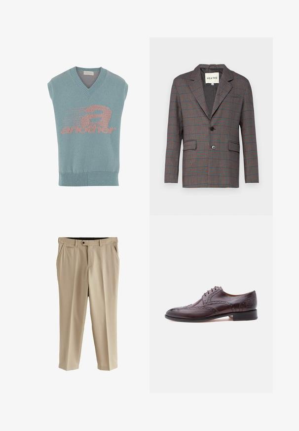 Rutet blazer i grå, rød og blå. Har en enkelt knaplukning, notch lapels og to frontlommer. Fremstillet af skræddersyet stof.; Lyseblå ærmeløs strikvest med V-hals, prydet med et pink grafisk design med ordet "another" og et hastighedsmotiv. Ribbet kant.; Beige bukser lavet af glat stof, med flad front, sidelommer og en enkelt baglomme. Standard talje med knaplukning.; Brun lædersko til kjole med brogue-detaljer, rund snude, seks snørehuller og en lav stacket hæl. Glat finish med kontrasterende detaljer.