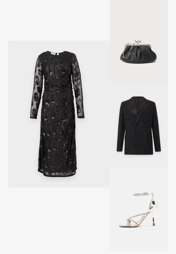 Sort dobbeltradet blazer med satinrevers og tekstureret blomstret blonderoverlæg, med to forlommer med klap.; Sort langærmet kjole med gennemsigtigt mesh-overlay, udsmykket med indviklede blomsterformede pailletmønstre, tætsiddende overdel og længde til midt på læggen.; Sølv højhælede sandal med en snøredesign, glitrende materiale, rhinsten accenter og en slank ankelrem. Firkantet tå og poleret hæl.; Sort læder clutch med samlet tekstur, sølvfarvet metalramme, kys-lås lukning og kædestrop. Glat, blød overflade.