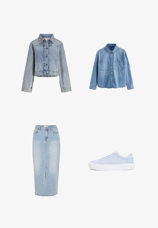 Lyseblå denimjakke med lange ærmer, knaplukning foran og klassisk krave, let cropped i taljen.; Lyseblå denim skjorte med lange ærmer, krave, forreste trykknapper og to brystlommer mod en hvid baggrund.; Lysblå denim midi-nederdel med lige snit, frontslids og synlige sømme. Har en knaplukning og bæltestropper.; Lyseblå afslappet sneakers med hvide snørebånd og tyk hvid sål, sidevisning, tekstiloverdel og diskret guldfarvet logo på siden.