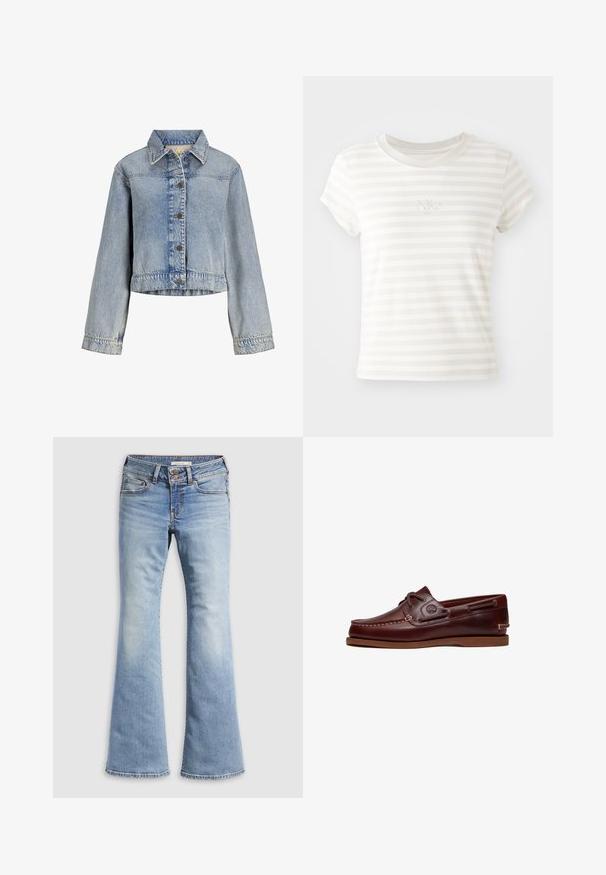 Lyseblå denimjakke med lange ærmer, knaplukning foran og klassisk krave, let cropped i taljen.; Hvidstribet kortærmet t-shirt lavet af blød bomuld. Har en rund halsudskæring og et lille broderet Nike-logo på brystet.; Lyseblå vidde jeans lavet af denim. Har knaplukning, fem lommer og falmet tekstur med sømløse kanter.; Brun læder bådsko med snørre, syningsdetaljer og Timberland-logo på siden, vist på en hvid baggrund.