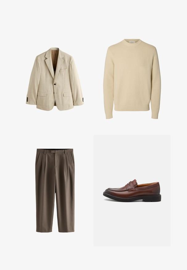Beige herreblazer med hakrevers, to forlommer med klapper, en brystlomme og to sorte knapper på hvert manchet.; Enkel beige crewneck striktrøje med lange ærmer og ribstrikkede manchetter og kant.; Brune korte bukser med bæltestropper, sidelommer, frontlynlås og læg på begge ben.; Brune læder loafers med rund tå, dekorativ syning og sort gummisål. Glat tekstur og minimale design detaljer.