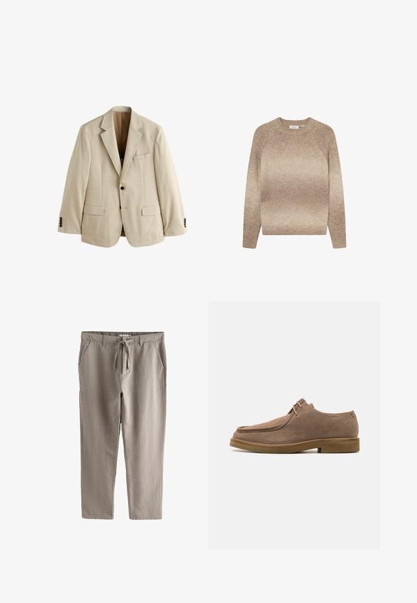 Beige herenblazer met een ingesneden revers, twee klepzakken aan de voorkant, één borstzak en twee zwarte knopen op elke manchet.; Beige verloop trui met een ronde hals, raglanmouwen en ribgebreide manchetten en zoom, gemaakt van een zachte, gestructureerde gebreide stof.; Beige casual broek met trekkoord in de taille, riemlussen, zijzakken en rechte pijpen.; Zign LEATHER - Sportieve veterschoenen - taupe