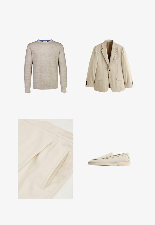 Blazer beige de hombre con solapas con muesca, dos bolsillos frontales con solapa, un bolsillo en el pecho y dos botones negros en cada puño.; Suéter beige claro hecho de tela de punto texturizada. Presenta un cuello redondo con un acento azul en el interior del cuello. Mangas largas.; Reiss REGULAR FIT - BRIGHTON WITH TURN UPS - Pantalones chinos - ecru; Scarosso LUDOVICO - Zapatos sin cordones - sand suede