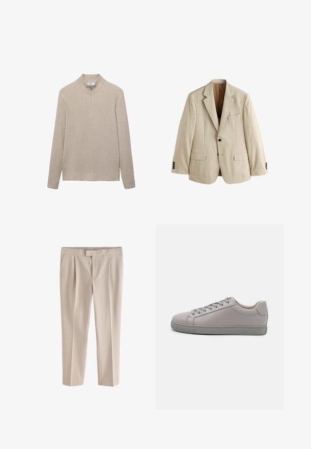 Blazer beige de hombre con solapas con muesca, dos bolsillos frontales con solapa, un bolsillo en el pecho y dos botones negros en cada puño.; Suéter beige con canalé, cuello alto y cierre de media cremallera. Las mangas largas y el diseño ajustado del dobladillo realzan el aspecto texturizado.; Pantalones beige de pierna recta con cinturilla elástica y plisados delanteros, diseñados para un ajuste cómodo.; Zapatillas de cuero gris con un acabado suave, cordones planos, punta redondeada y una suela de goma gris a contraste. Diseño minimalista y textura.