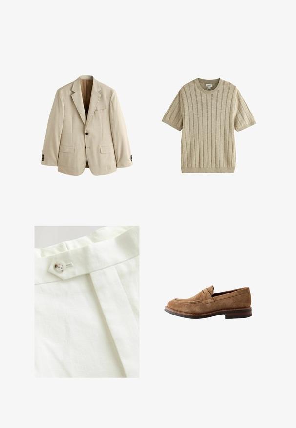 Blazer beige pour homme avec revers crantés, deux poches à rabat à l'avant, une poche poitrine et deux boutons noirs sur chaque manchette.; Pull en maille beige à manches courtes avec des rayures côtelées verticales, encolure ronde et étiquette de taille moyenne à l'intérieur du col.; Tissu blanc avec une texture lisse, présentant une fermeture à bouton unique, un design plissé et des détails de couture soignés.; Mocassin penny en daim marron pour homme avec détails cousus et talon en cuir superposé, présenté en vue latérale sur fond blanc.