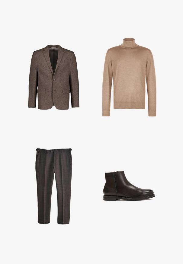 Brun uldblazer med enkelt knap, hakkeflip, to klaplommer og en brystlomme, vist mod en hvid baggrund.; Beige langærmet rullekravetrøje lavet af blødt strikket stof med ribbestrikkede manchetter og kant.; Mørkegrå formelle bukser med subtilt vinduesrude-mønster, forknap og sidelommer, vist fladt på en hvid baggrund.; Sort læder ankelstøvle med en glat tekstur, rund tå og lav hæl. Har en side lynlås for nem påtagning.