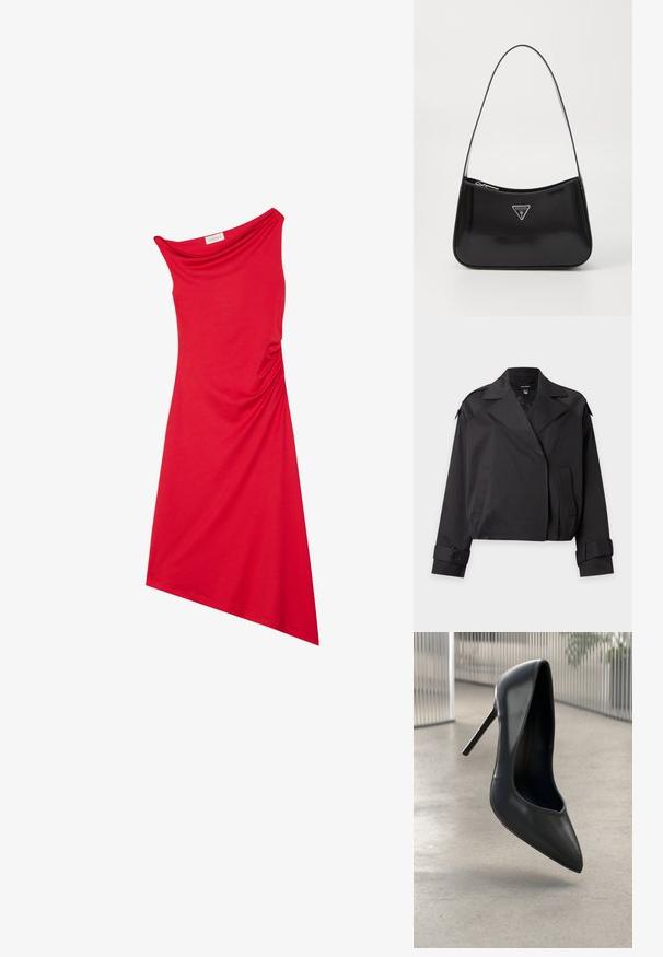 Chaqueta negra corta con solapas anchas, bolsillos frontales y puños con botones, mostrada sobre un fondo gris liso.; Vestido rojo de un solo hombro hecho de una tela suave. Presenta un diseño drapeado con detalle fruncido en la cintura y un dobladillo asimétrico.; Zapato de tacón alto de cuero negro con punta afilada, diseño elegante y sin herrajes visibles. Textura suave y estilo minimalista.; Bolso de hombro de charol negro con forma curva, que presenta un logotipo triangular plateado y un cierre de cremallera. Textura suave y correa delgada.