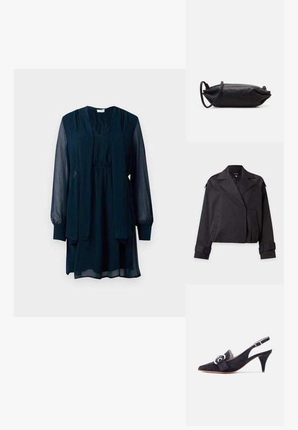 Schwarze kurze Jacke mit breiten Revers, Fronttaschen und knöpfbaren Manschetten, vor einem einfarbigen grauen Hintergrund dargestellt.; Navyblaue Langarmkleid mit durchsichtigen Ärmeln, V-Ausschnitt, taillierter Taille und angenähtem langen Schal-Detail vorne.; Schwarzer Wildleder-Pumps mit spitz zulaufender Spitze, Slingback-Absatz mit silberner Schnallenverzierung und verstellbarem Knöchelriemen, auf weißem Hintergrund präsentiert.; Schwarze Leder-Clutch mit rechteckiger Form, glatter Textur, dünnem Schulterriemen und minimalistischer Gestaltung.