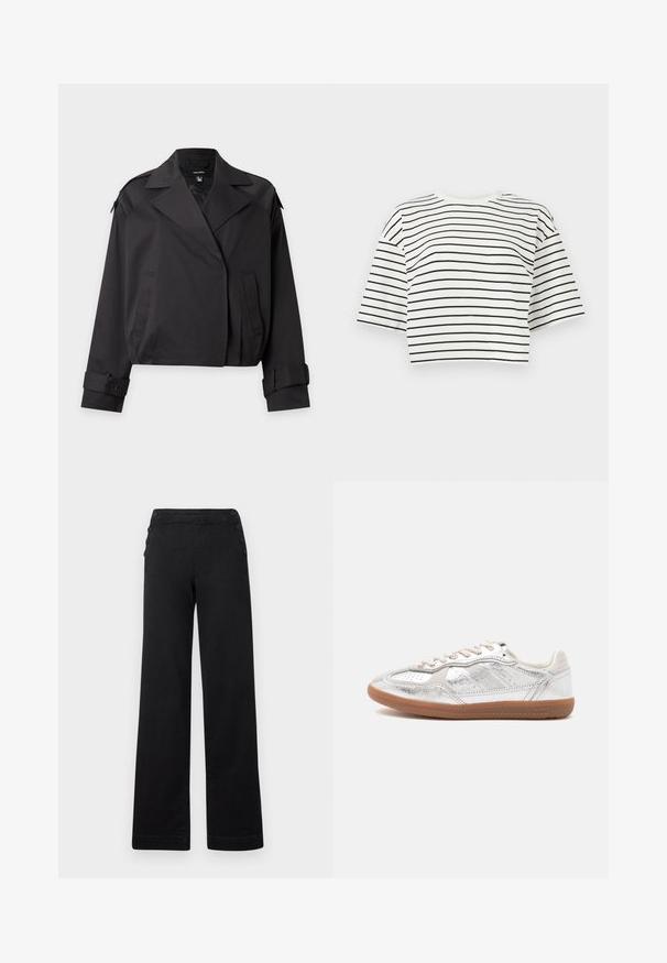 Chaqueta negra corta con solapas anchas, bolsillos frontales y puños con botones, mostrada sobre un fondo gris liso.; Camiseta blanca corta con rayas horizontales negras y mangas cortas anchas sobre un fondo claro y liso.; Pantalones de pierna ancha negros con cintura alta, detalles de botones en los laterales y una textura de denim suave con un acabado limpio.; Zapatilla baja con parte superior plateada metálica, cordones beige y suela de goma sobre un fondo claro y liso.