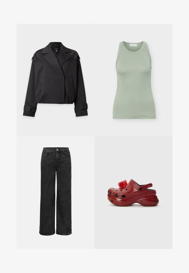 Sort cropped jakke med brede revers, forlommer og knapmanchetter, vist mod en ensfarvet grå baggrund.; Ærmeløs, lysegrøn tætsiddende tanktop med rund halsudskæring og synligt mærke bagpå indvendigt ved kraven.; Sorte wide-leg jeans i denim med høj talje, fem lommer og klassisk knaplukning. Glat tekstur med minimal falmning.; Rød plastikklip med ventilationshuller, hævet hæl og en blomsterdekoration ovenpå. Har en bagrem og teksturerede sider.