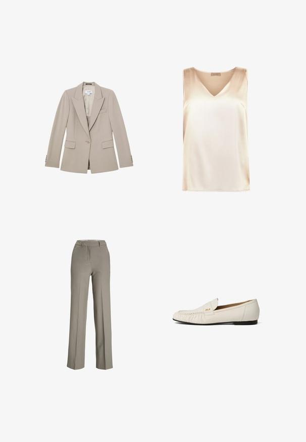 Beige skræddersyet blazer med enkelt-knap lukning, hakkede revers, lommer med klap og knapdetaljer på ærmekanterne.; Beige ærmeløs top lavet af glat stof med v-hals design og lige kant. Minimalistisk stil uden yderligere mønstre eller accenter.; Lys grå, brede bukser lavet af et glat stof med en skræddersyet talje, frontfolder og sidelommer.; Hvid læderloafer med sort, flad sål, rynket tådetalje og lille gyldent logo på siden af overdelen.