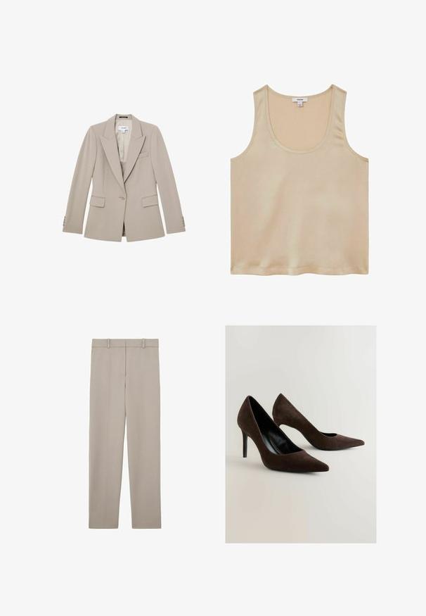 Blazer beige entallado con cierre de un solo botón, solapas con muesca, bolsillos con solapa y detalles de botones en los puños.; Reiss REGULAR FIT - Blusa - neutral; Pantalones beige claro de pernera recta con trabillas para cinturón y cierre frontal con cremallera, mostrados sobre un fondo blanco.; Tacones altos de ante marrón con punta afilada y una silueta elegante. Los zapatos presentan un interior negro brillante y un tacón de aguja delgado.