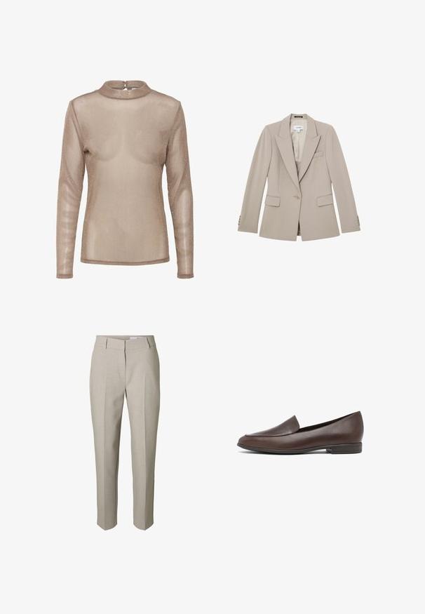 Blazer beige ajusté avec une fermeture à un bouton, des revers crantés, des poches à rabat et des détails à boutons sur les poignets.; Haut à manches longues et transparent de couleur marron clair avec un léger effet brillant. Il présente un col haut et une fermeture à boutons au dos. Texture douce et légère.; Pantalon beige sur mesure avec passants pour ceinture, fermeture éclair avant et plis marqués sur les jambes, présenté sur fond blanc.; Mocassin en cuir marron à enfiler, avec un petit talon superposé et un embout arrondi, présenté de profil sur un fond blanc.