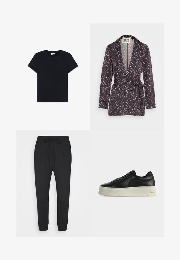 Scotch & Soda DRAPEY - Blejzer - ikat rain; Jednoduché čierne tričko s krátkym rukávom a okrúhlym výstrihom, položené na rovnom bielom pozadí.; Čierne taperované nohavice sťahovacie v páse a zakončením na manžetách, vyrobené z mäkkej látky pre neformálne nosenie.; Čierny kožený nízky teniska s hrubou bielou platformovou podrážkou a čiernymi šnúrkami na jednoduchom svetlom pozadí.
