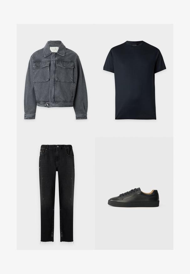 Chaqueta vaquera gris oscuro con cuello, dos bolsillos delanteros con solapa, cintura ajustable con botones y mangas largas sobre un fondo claro.; Camiseta negra lisa de manga corta con cuello redondo y un pequeño logo cerca del dobladillo sobre un fondo gris claro.; Vaqueros negros de denim con cinturilla elástica, corte recto, detalles desgastados y dobladillo desflecado. Presenta bolsillos y cierre con botón.; Zapatilla negra de cuero de caña baja con superficie texturizada, cordones negros y suela de goma gruesa, mostrada de lado sobre un fondo claro.