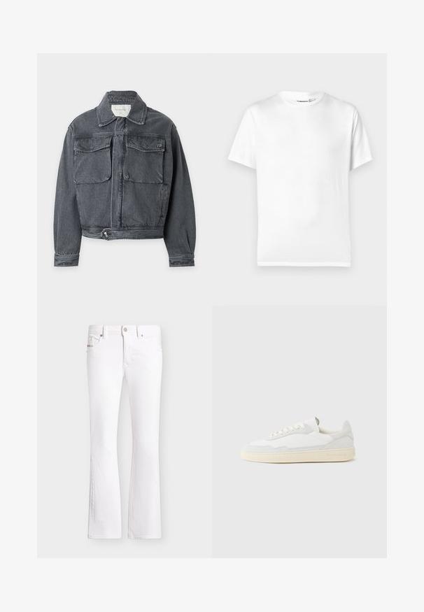 Veste en denim gris foncé avec col, deux poches avant à rabat, taille ajustable boutonnée et manches longues sur fond clair.; T-shirt en coton blanc avec un col rond classique, des manches courtes et un ourlet droit. Texture lisse, sans motifs ni accents.; Jean bootcut blanc avec fermeture avant par bouton et zip, passants de ceinture et poches, présenté sur un fond uni.; Baskets blanches avec dessus en daim et cuir texturé. Caractérisées par un bout arrondi, une fermeture à lacets et une semelle en caoutchouc beige contrastante.