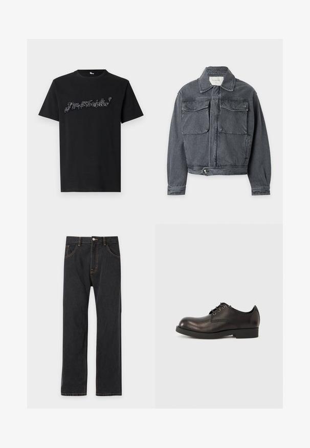 Veste en denim gris foncé avec col, deux poches avant à rabat, taille ajustable boutonnée et manches longues sur fond clair.; T-shirt en coton noir arborant un design graphique stylisé en texte blanc sur la poitrine. Manches courtes, col rond et coupe décontractée.; Jean noir droit avec des coutures orange contrastantes, bouton avant et poches sur un fond clair uni.; Chaussure habillée en cuir noir avec un bout arrondi, des coutures minimales, un petit talon en caoutchouc et maintenue par des lacets noirs.
