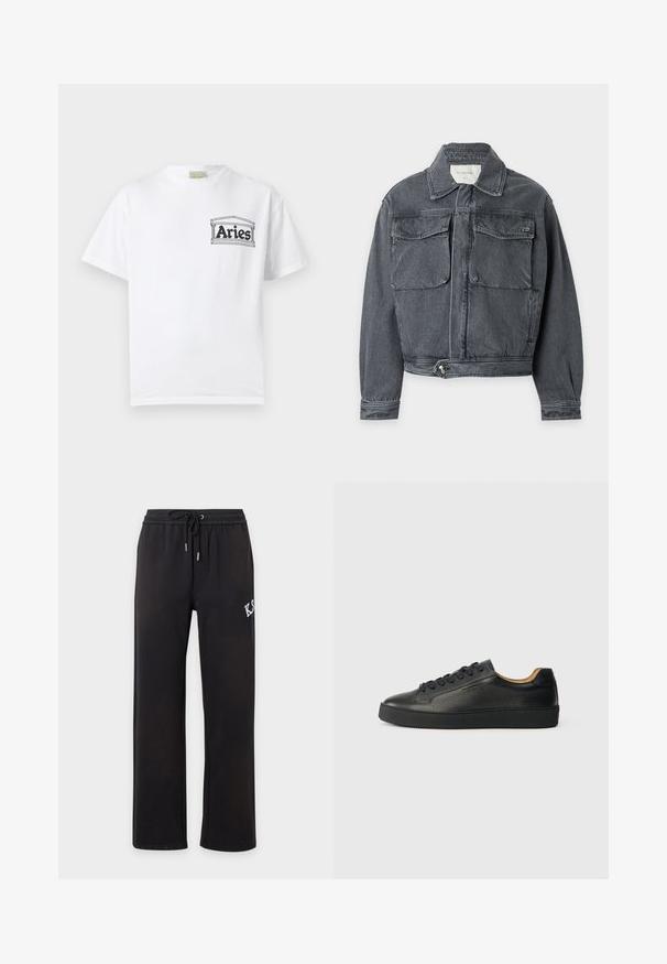 Veste en denim gris foncé avec col, deux poches avant à rabat, taille ajustable boutonnée et manches longues sur fond clair.; T-shirt blanc à manches courtes avec un petit logo noir "Bélier" à l'intérieur d'un cadre rectangulaire sur la partie gauche de la poitrine.; Pantalon décontracté noir avec jambes droites, taille élastique et cordon, avec inscription blanche partielle sur la cuisse droite.; Baskets basses en cuir noir avec surface texturée, lacets noirs et semelle en caoutchouc épaisse, présentées de côté sur un fond clair.