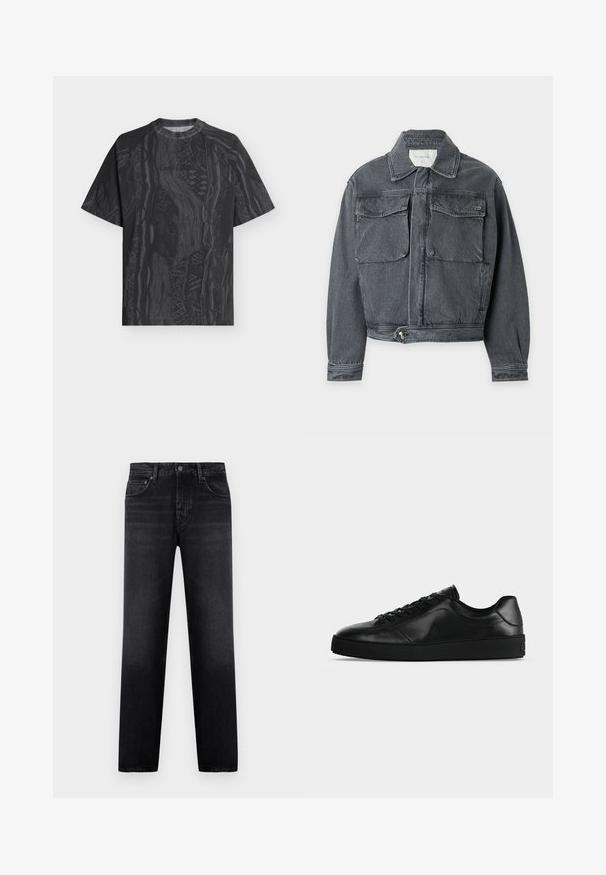 Veste en denim gris foncé avec col, deux poches avant à rabat, taille ajustable boutonnée et manches longues sur fond clair.; T-shirt noir à manches courtes avec col rond, motif abstrait gris foncé subtil et tissu texturé, présenté à plat sur un fond clair.; Jean noir à coupe droite avec cinq poches, passants pour ceinture, et fermeture à bouton et fermeture éclair à l'avant, présenté sur un fond uni.; Sneaker noir en cuir à profil bas avec lacets sur le devant et semelle plate texturée, montré de profil sur un fond neutre.