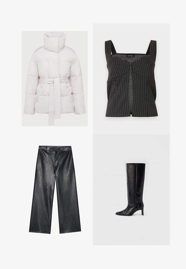 Chaqueta de invierno blanca acolchada con cuello alto, dos bolsillos frontales, mangas largas y un cinturón a juego atado de manera suelta en la parte delantera.; Top corto negro sin mangas con rayas finas, tirantes anchos, parte delantera con botones y costuras entalladas, etiquetado como "Even & Odd".; Pantalones de cuero negro de pernera ancha con una textura suave, lazos para cinturón y cremallera frontal. Presenta un ajuste holgado y detalles de costura limpios.; Botas negras hasta la rodilla hechas de cuero suave, con punta puntiaguda y tacón delgado, con caña ajustada y diseño minimalista.
