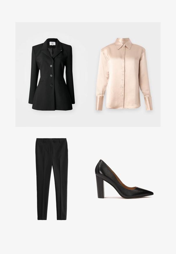 Blazer negro ajustado con solapa de muesca, botones de doble botonadura, bolsillos frontales y una silueta entallada. Textura de tejido suave.; Blusa de satén en suave beige con un collar clásico, mangas largas, cierre frontal con botones y un ajuste ligeramente holgado. Textura suave, con detalles mínimos.; Pantalones negros a medida hechos de una tela suave. Presentan un frente plano, bolsillos laterales y un diseño ajustado. Estilo limpio y minimalista.; Zapato de tacón alto de cuero negro con punta afilada, acabado texturizado y tacón grueso. Diseño sencillo con un forro interior suave.