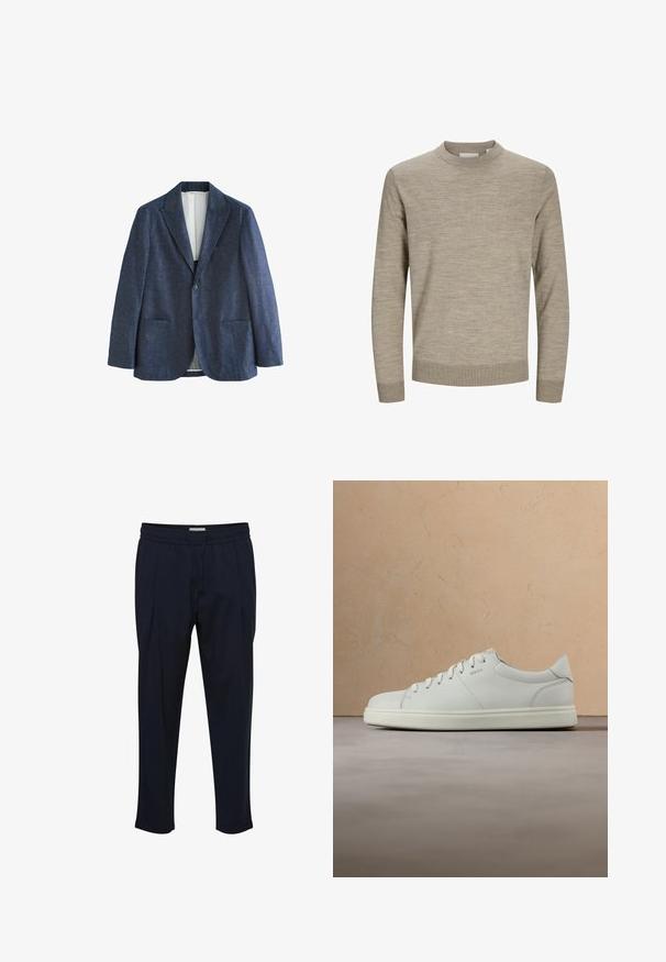 Marineblå enkelt-knaps blazer med hakrevers, to forlommer med klap og lys foring indvendigt.; Beige langærmet rundhalset sweater med ribstrikkede ærmekanter og kant, vist på hvid baggrund.; Marineblå skræddersyede bukser med snoretræk i taljen, plisseret front og tætsiddende ankler. Fremstillet af et glat, let materiale.; Hvid lædersneaker med en glat tekstur, rund snude og flade snørebånd. Har et diskret logo og en letvægts sål.