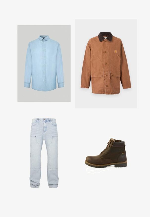 Bruine canvas jas met een corduroy kraag, knoopsluiting aan de voorkant en twee grote opgestikte zakken. Voorzien van een logopatch op de borst.; Lichtblauwe spijkerblouse met lange mouwen, button-down kraag, knopen aan de voorkant en een gladde, egale textuur. Geen patronen of extra accenten.; Lichtblauwe denim cargobroek met een ontspannen pasvorm, voorzien van grote voorzakken en lichte slijtage. Duidelijk gedefinieerde naden en boorden.; Bruine leren veterlaars met gewatteerde kraag, fleece voering en stevige profielzool, ontworpen voor buiten- of wintergebruik.