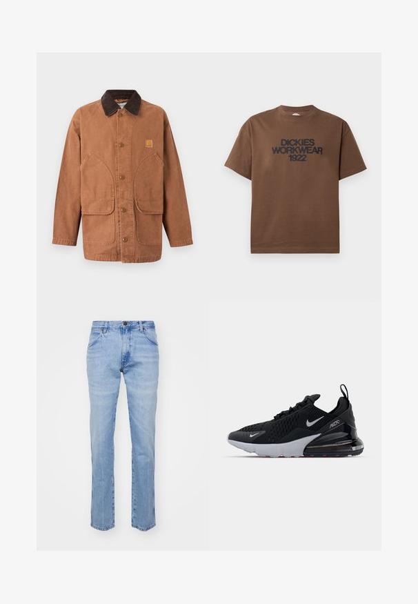 Brun lærredjakke med en fløjlsbuksekrave, knaplukning foran og to store påsyede lommer. Har et logo-patch på brystet.; Brun T-shirt med korte ærmer og sort tekst "DICKIES WORKWEAR 1922" trykt på brystet, vist på en hvid baggrund.; Lyseblå denimjeans med lige ben, fem lommer og metalknaplukning. Har syninger langs sømme og kant.; Sort atletiksko med mesh-overdel, hvid sål og synlig luftdæmpning i hælen. Slank design med diskrete sølvdetaljer.