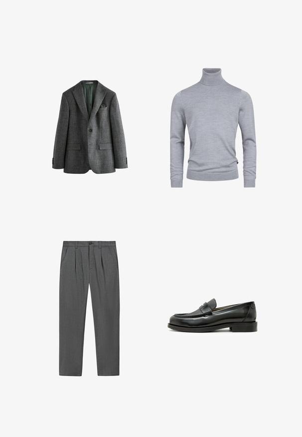 Grå blazer med tekstureret mønster, hakkede revers, enkeltknapslukning og to lommer foran. Indvendig foer er grøn. Velegnet til formel påklædning.; Grå turtleneck sweater lavet af et blødt strikket stof. Har lange ærmer og en tætsiddende design med ribbede manchetter og kant. Enkel, glat tekstur.; Grå formelle bukser med plisseringer, sidelommer, en frontknap og lynlåslukning, vist fladt på en hvid baggrund.; Sort læder loafers med en struktureret sort læderdetalje, rund tå og en lav blokhæl; har en dekorativ metal detalje.