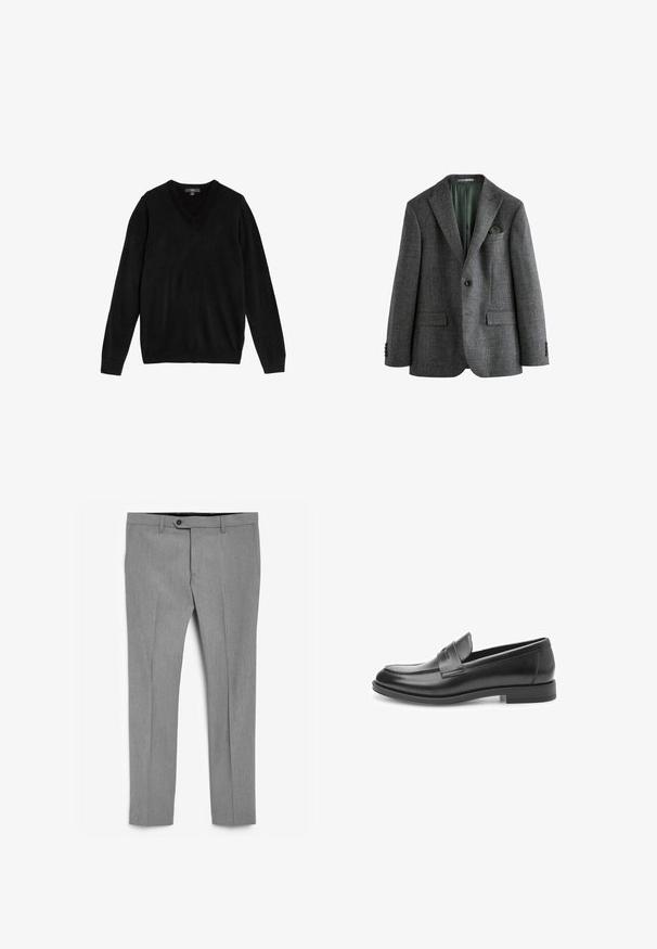 Blazer gris con patrón texturizado, solapas con muesca, cierre de un botón y dos bolsillos frontales. Forro interior verde. Adecuado para ropa formal.; Suéter negro con cuello en V hecho de tejido suave y de punto. Mangas largas, puños y bajo acanalados, diseño sencillo sin patrones ni detalles.; Next STRETCH SMART TROUSERS REGULAR FIT - Pantalones - grey; Mocasines de cuero negro con un acabado suave, punta redondeada y una correa decorativa en la parte frontal. Suela de goma plana, diseño clásico.