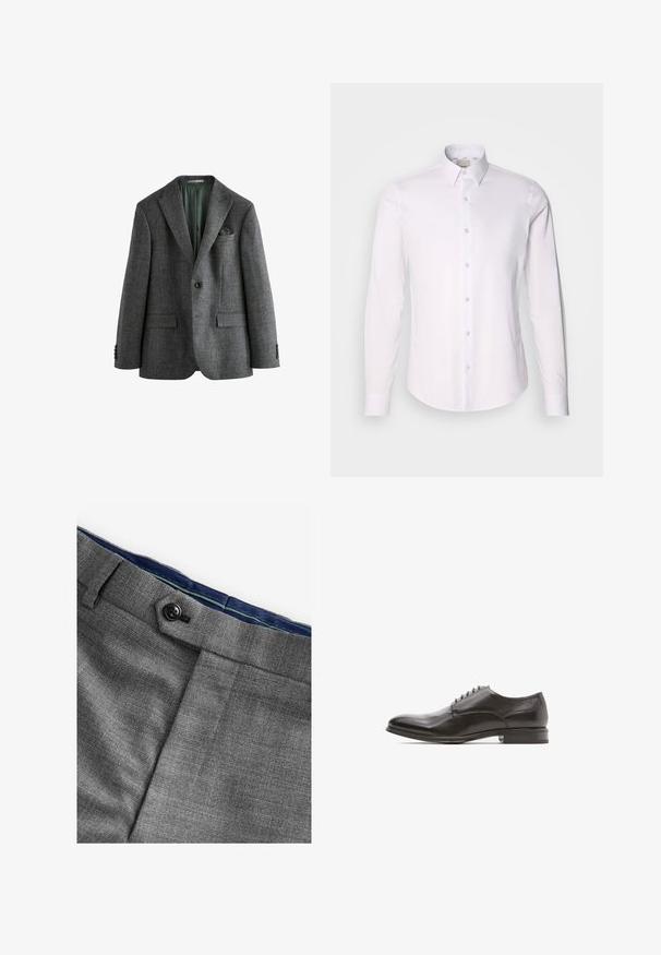 Grå blazer med tekstureret mønster, hakkede revers, enkeltknapslukning og to lommer foran. Indvendig foer er grøn. Velegnet til formel påklædning.; Hvid langærmet skjorte lavet af glat stof med skjortekrave, der har fuld knaplukning og afrundet nederste kant.; Next Habitbukser - grey; Sorte læder dresssko med rund tå, glat overflade, seks øjer til snøring, og en flad hæl med en let glans.