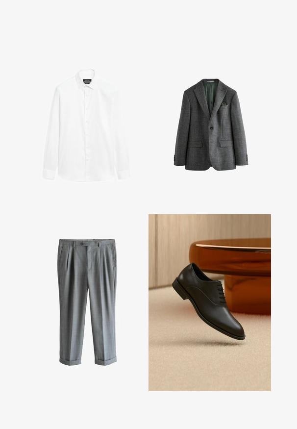 Grijs colbert met een gestructureerd patroon, met inkeping in de revers, een enkele knoopsluiting en twee voorzakken. De voering is groen. Geschikt voor formele gelegenheden.; Witte overhemd met een button-down kraag, lange mouwen en een knoopsluiting aan de voorkant. De stof lijkt soepel met een lichte glans.; Grijze maatbroek met voorplooien, zijzakken, knoopsluiting, riemlussen en omslagzomen, getoond op een witte achtergrond.; Zwarte gepolijste leren veterschoen zweeft boven een beige tapijt, met een grote ronde glazen tafel in amberkleur op de achtergrond.