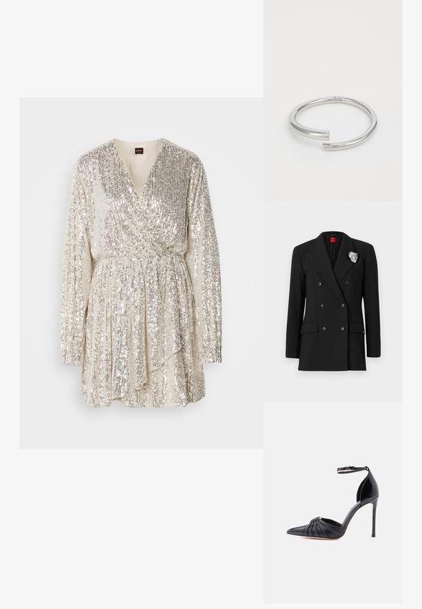 Blazer noir à double boutonnage avec grands revers, deux poches avant et un accent de broche en argent sur le revers. Texture du tissu lisse.; Robe mini en sequins argentés avec décolleté en V, manches longues, design drapé et taille froncée, affichant une surface texturée et scintillante.; Talons aiguilles noirs avec bout pointu, détail en cuir froncé, bride de cheville avec boucle dorée en "M" et finition brillante dans la zone des talons.; Calvin Klein SPIRAL - Bracelet - silver-coloured