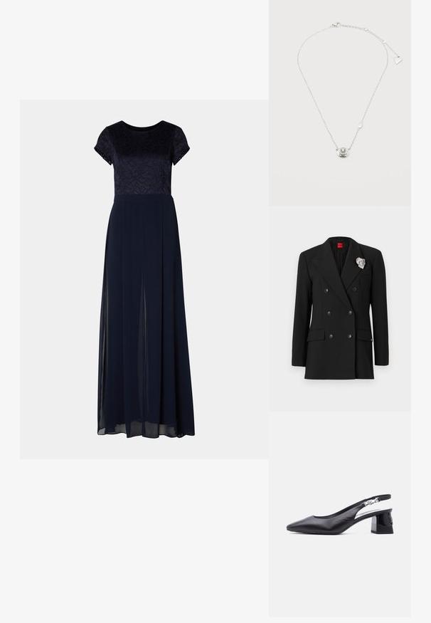 Zwarte dubbel voudige blazer met grote revers, twee voorkruiken en een zilveren broche accent op de revers. Glad stoftextuur.; Navyblauwe avondjurk met korte kantmouwen, een aansluitend lijfje en een vloeiende rok met zijsplitten en een zachte, doorzichtige overlay.; Zwart leren slingback-schoen met puntige neus, lage blokhak en zilveren gesp op het bandje, zijaanzicht op witte achtergrond.; Delicate zilveren ketting met een cirkelvormige hanger met een centraal heldere edelsteen en een kleine driehoekige bedel bij de sluiting.