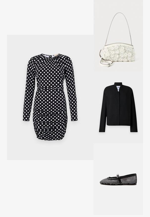 Schwarze Jacke mit Stehkragen, langen Ärmeln und geradem Schnitt. Hergestellt aus einem strukturierten Stoff, mit verdecktem Frontverschluss.; Langarmkleid aus schwarzem Stoff mit weißen Punkten, mit gerafften Details und einer taillierten Silhouette. Glatte Textur, Oberschenkel-lange.; Schwarzer flacher Mary Jane Schuh mit silbernen runden Nieten, die den oberen Teil bedecken, und einem dünnen Riemen mit einer kleinen silbernen Schnalle.; Weiße Handtasche mit Kettenriemen, bedeckt mit 3D-Blumenapplikationen mit Metallnieten in der Mitte und einem abnehmbaren Leder-Schulterriemen.