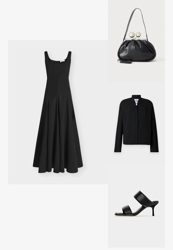 Black jacket with a mandarin collar, long sleeves, and a straight cut. Made of a textured fabric, featuring a concealed front closure.; Black sleeveless long dress with square neckline and fitted bodice flaring into a wide skirt, displayed on a plain light background.; Black leather mule sandal with two wide straps and a slender mid-height stiletto heel on a plain light background.; Black leather handbag with a gathered design, single strap, silver metal frame, and two large round silver clasp closures.