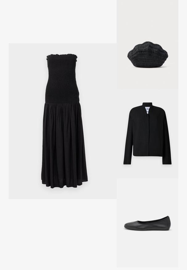 Veste noire avec un col mandarin, des manches longues et une coupe droite. Fabriquée dans un tissu texturé, elle dispose d'une fermeture frontale dissimulée.; Robe maxi noire avec un corsage smocké, un bord supérieur volanté et une jupe fluide. Le tissu semble léger avec une texture subtile.; Ballerines en cuir noir avec un bout rond, texture lisse, détails de couture minimalistes et design de semelle flexible.; Sac à main en osier noir en forme de coquille Saint-Jacques avec un dessus courbé et une texture tressée sur un fond uni.