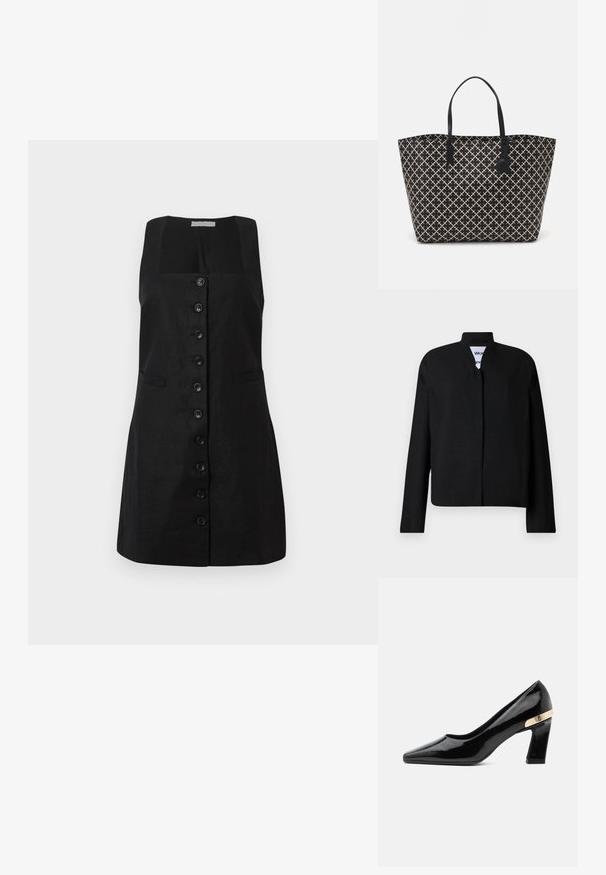 Schwarze Jacke mit Stehkragen, langen Ärmeln und geradem Schnitt. Hergestellt aus einem strukturierten Stoff, mit verdecktem Frontverschluss.; Schwarzes Leinenkleid mit quadratischem Ausschnitt, gefüttert mit einer zentralen Reihe von sechs Knöpfen und zwei seitlichen Taschen, mit einer A-Linie Silhouette.; Schwarzer Lackleder-Pumps mit spitzer Schuhspitze, Blockabsatz und goldenem Metall-Akzent an der Rückseite.; Tasche aus gewebtem Stoff mit einem schwarz-elfenbeinfarbenen Kreuzmuster, Ledergriffen und einem kleinen schwarzen Tag-Detail.