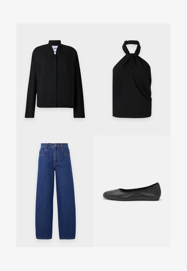 Zwarte jas met een mandarin-kraag, lange mouwen en een rechte snit. Gemaakt van een geborsteld stof, met een verborgen sluiting aan de voorkant.; Iro BIRDA - Blouse - black; Wijd-uitlopende blauwe denim jeans met een hoge taille, uitgerust met voorzakken en oranje stiksels. De stof heeft een gladde textuur met een klassieke afwerking.; Zwarte leren ballerina met een ronde neus, gladde textuur, minimale stikdetails en een flexibele zoolontwerp.