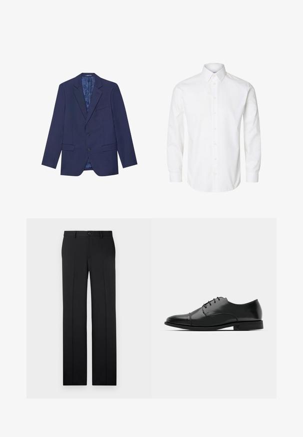 Blazer bleu marine avec deux boutons, revers en pointe et deux poches avant. L'intérieur présente une doublure à motifs. Tissu texturé.; Chemise blanche à manches longues avec boutons, col pointu, boutons visibles sur le devant et poignets fermés par des boutons.; Pantalons noirs ajustés avec une coupe droite, en tissu lisse, avec des plis avant et une fermeture à bouton unique à la taille.; Chaussure habillée noire en cuir avec un bout rond, un laçage, des détails de couture subtils et un petit talon. Texture lisse avec une finition polie.