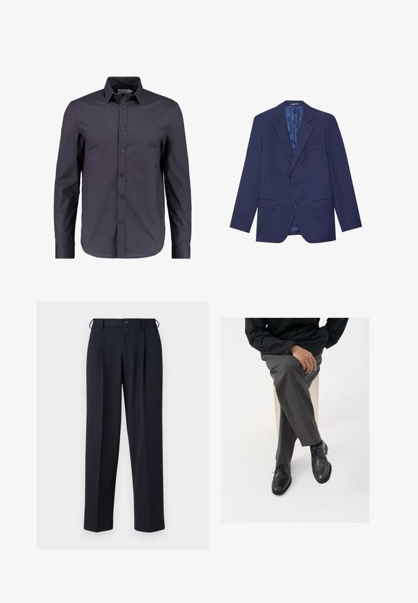 Blazer bleu marine avec deux boutons, revers en pointe et deux poches avant. L'intérieur présente une doublure à motifs. Tissu texturé.; Chemise à manches longues bleu marine foncé en coton doux, dotée d'un devant boutonné, d'un col classique et d'une coupe ajustée.; Pantalon bleu marine sur mesure avec fermeture devant par bouton et zip, passants de ceinture et poches latérales, présenté sur un fond blanc.; Des chaussures en cuir noir à lacets avec une finition brillante, accompagnées de pantalons gris sur mesure, présentées en position assise sur un fond blanc.
