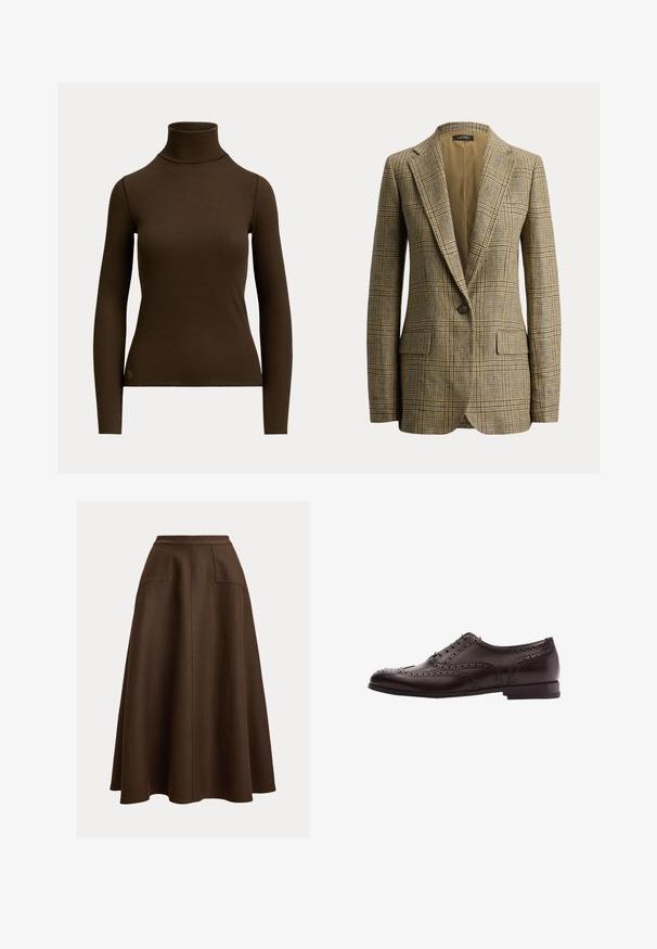 Brun og beige ternet blazer med enkelt knap, knaphulsrevers og forlommer med klapper, vist på en hvid baggrund.; Mørkebrunt langærmet ribstrikket polotrøje med tætsiddende silhuet og lille logo nær den nederste kant foran på venstre side.; Brun linned A-formet nederdel med høj talje, der har to forlommer og en glat tekstur, som falder under knæet.; Brune læder dress sko med brogue-detaljer, snørebånds lukning, rund tå og en lav stablet hæl. Poleret finish og indviklede perforeringer.