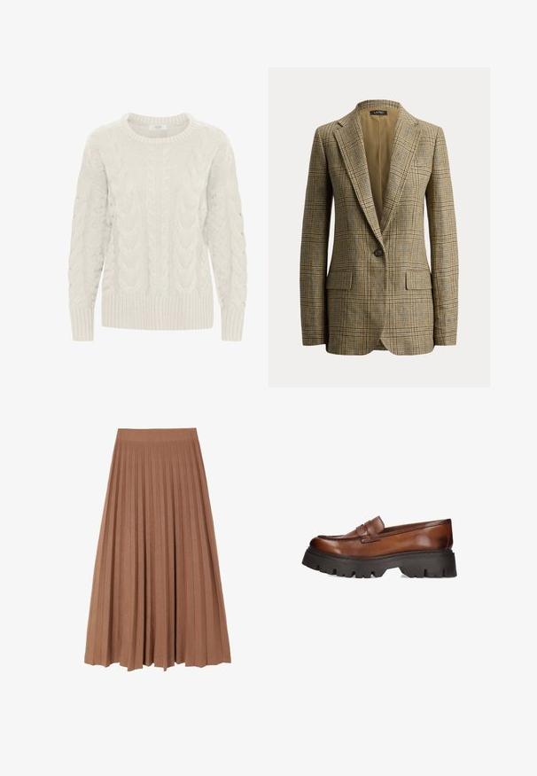 Brun og beige ternet blazer med enkelt knap, knaphulsrevers og forlommer med klapper, vist på en hvid baggrund.; Lys grå kabelstrikket sweater med rund hals, teksturerede mønstre og ribstrikkede manchetter og kant. Lavet af blødt, chunky garn.; Brun plisseret midi-nederdel med en glat tekstur og en bred talje, der har jævne lodrette folder ned langs længden, hvilket skaber en svungent silhuet.; Brune læder loafers med en kraftig sort platform sål. Har en rund tå og dekorativt stropdetalje over vamps.