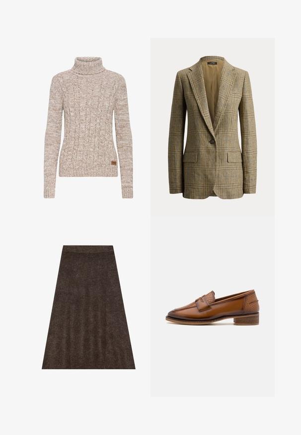 Blazer à carreaux marron et beige à un seul bouton, avec revers à crans et poches avant à rabat, présenté sur un fond blanc uni.; Pull à col roulé en tricot marbré beige et brun clair avec motifs torsadés et une petite étiquette de marque brune sur le côté inférieur.; Jupe en tricot marron avec une conception évasée, une taille élastique et une texture subtile. Le tissu semble doux et chaud.; Mocassins en cuir marron avec un panneau avant tissé texturé, bout rond et petit talon empilé. Finition lisse avec des détails de couture subtils.