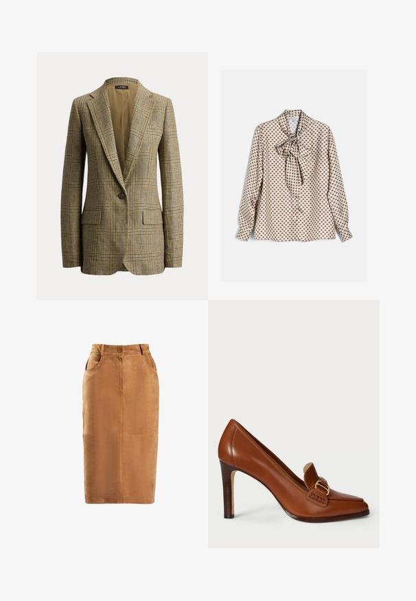 Blazer de cuadros marrón y beige con un solo botón, solapas con muesca y bolsillos delanteros con solapa, mostrado sobre un fondo blanco liso.; Blusa blanca de manga larga con patrón de cuadros marrones y un gran lazo atado en el escote, exhibida sobre una superficie plana.; Falda lápiz de ante marrón con cintura alta, cierre de botones en el frente, dos bolsillos laterales y detalles de costura vertical. Textura suave.; Zapato de tacón alto de cuero marrón con punta afilada, que presenta una correa decorativa y herrajes en tono dorado a lo largo del empeine. Textura suave.