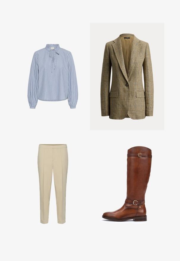 Blazer de cuadros marrón y beige con un solo botón, solapas con muesca y bolsillos delanteros con solapa, mostrado sobre un fondo blanco liso.; Kaffe KAMILINA - Blusa - windward blue melange stripe; Pantalones beige a medida con pernera recta, pliegues delanteros y dobladillo con vuelta. Textura suave y sin hardware o patrones visibles.; Botas de cuero marrón hasta la rodilla con un acabado suave, puntera redondeada, una correa decorativa con una hebilla circular y un tacón bajo apilado.