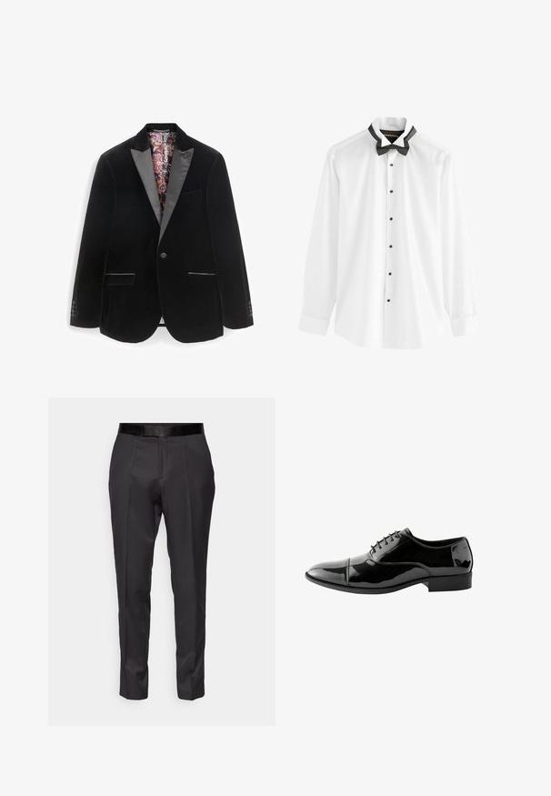 Blazer en velours noir avec revers en satin, deux poches avant et doublure en imprimé floral décoratif. Fermeture à un bouton, tissu texturé.; Chemise blanche à manches longues avec boutons noirs et nœud papillon noir attaché. Tissu lisse et col classique.; Pantalons noirs ajustés avec une coupe slim, devant plat et légère brillance. Présentent une taille noire lisse et des détails de plis le long des jambes.; Chaussure de ville en cuir verni noir avec un bout arrondi, un design à lacets, des détails de couture subtils et une semelle en caoutchouc au profil bas.