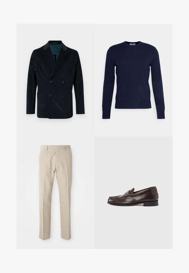 Dunkelblazer aus Kordstoff mit doppelter Knopfleiste in Marineblau, ausgestattet mit zwei Vorderaschen und einer kontrastierenden türkisen Innenauskleidung.; Dunkelblauer Rundhalsausschnitt-Pullover aus weichem Material, mit langen Ärmeln und geripptem Saum. Keine sichtbaren Muster oder Verzierungen.; Beige maßgeschneiderte Hosen aus strukturiertem Stoff, mit flacher Vorderseite, geraden Beinen und einem klassischen Bund mit Gürtelschlaufen.; Braune Leder-Loafer mit Mokassinstil-Zehenpartie, dekorativen Nähten und niedrigem Absatz. Glatte Textur mit dezentem Glanz.