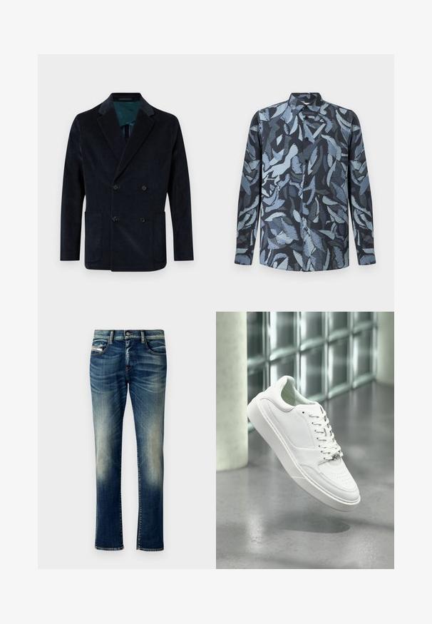 Blazer de corte cruzado en un oscuro azul marino hecho de pana, con dos bolsillos frontales y un forro interior en teal contrastante.; Camisa de manga larga de tejido suave, con una base azul oscura y patrones abstractos en tonos azul claro que parecen hojas, con cierre de botones en el frente y cuello.; Jeans de denim azul oscuro con un lavado desgastado, corte recto, costuras contrastantes, cinco bolsillos y un cierre de botón en la cintura.; Zapatilla deportiva de cuero blanco con punta redondeada, cierre frontal con cordones y suela plana de goma. Presenta detalles perforados y un sutil acento con el logo.