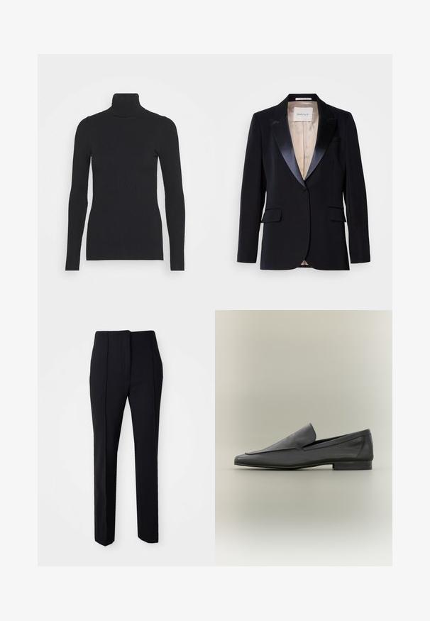 Zwarte blazer met satijnen revers, sluiting met één knoop, twee voorzakken en een beige voering. Label leest "GANT." Klassiek tailored ontwerp.; Zwarte geribde coltrui met lange mouwen en een aansluitende pasvorm. De textuur is glad met een horizontaal ribpatroon.; Zwarte op maat gemaakte broeken met een rechte pijpdesign, gemaakt van een gladde stof, met een platte voorkant en zijzakken voor functionaliteit.; Zwarte leren loafers met een gladde afwerking, puntige neus en een minimalistisch ontwerp. Lage gestapelde hak en subtiele stiksels.